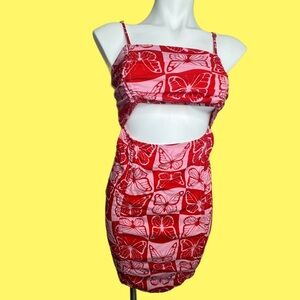 Red Pink Butterfly Ruched Cutout Bodycon Mini Dress Size Medium